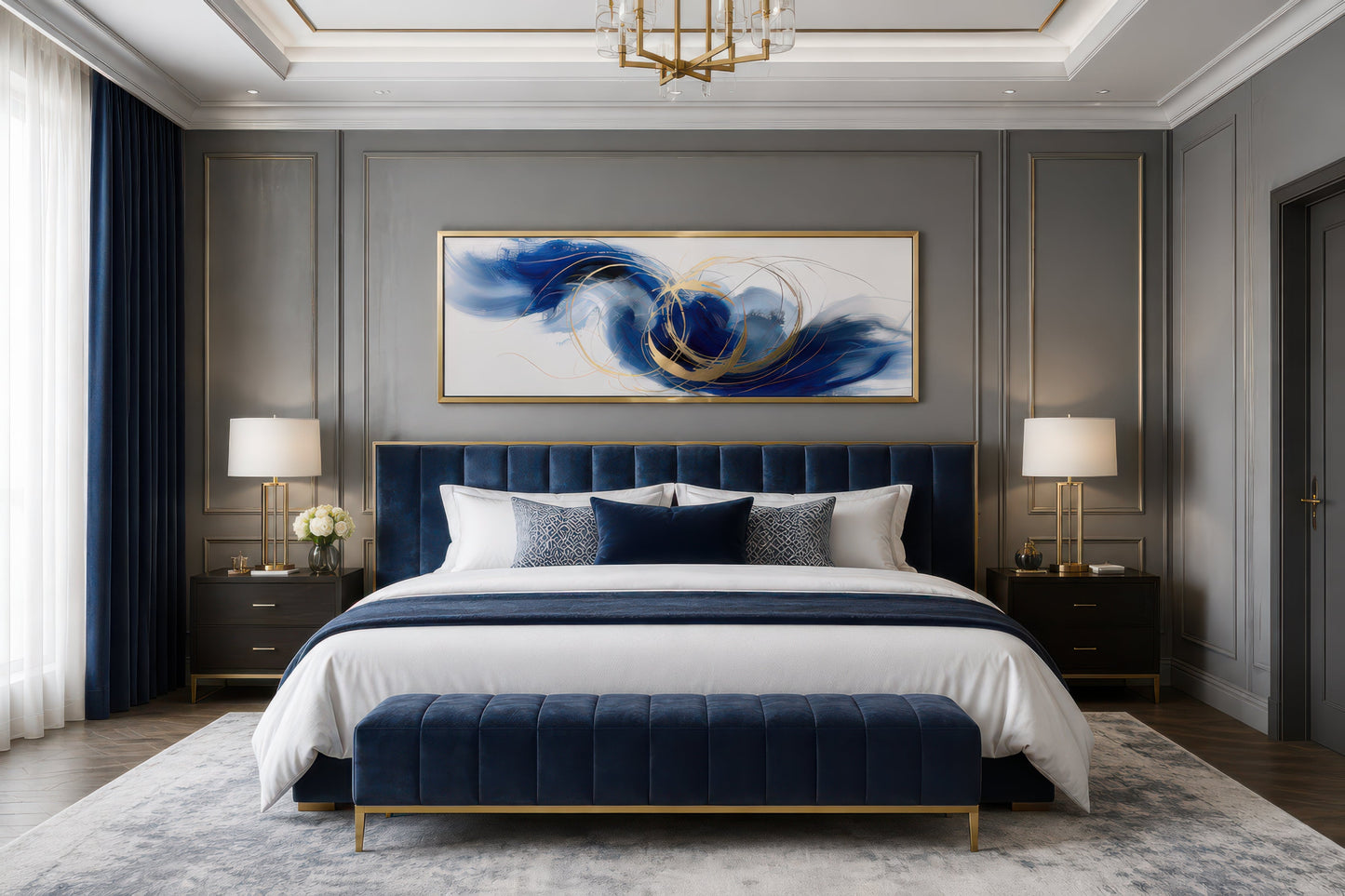Blue White Gold Minimalist Abstract Narrow Horizontal Above Bed Wall Art