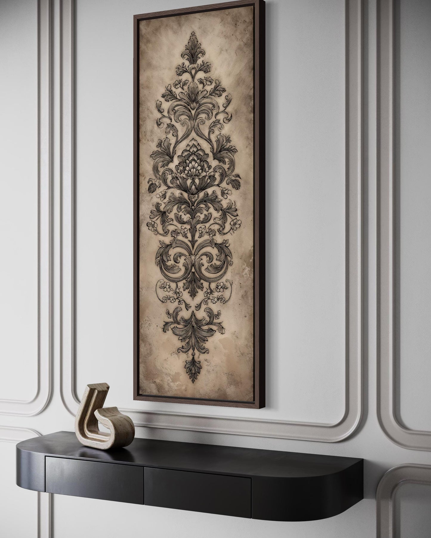 Neutral Vertical Tall Narrow Antique French Ornamental Damask Canvas Wall Art
