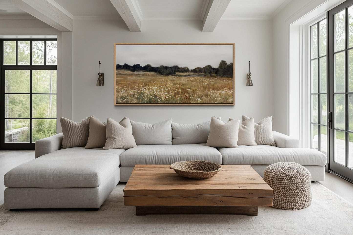 Neutral Wildflower Field Landscape Canvas Wall Art For Farmhouse Living Room