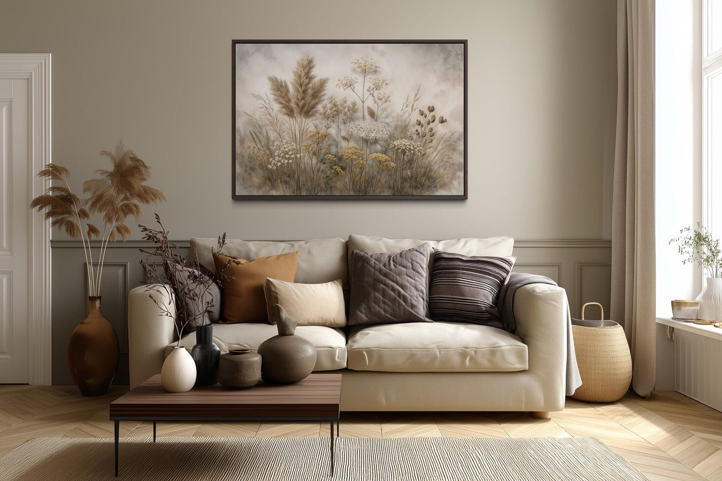 Neutral Wildflowers Wall Art – Farmhouse Boho Botanical Canvas Print