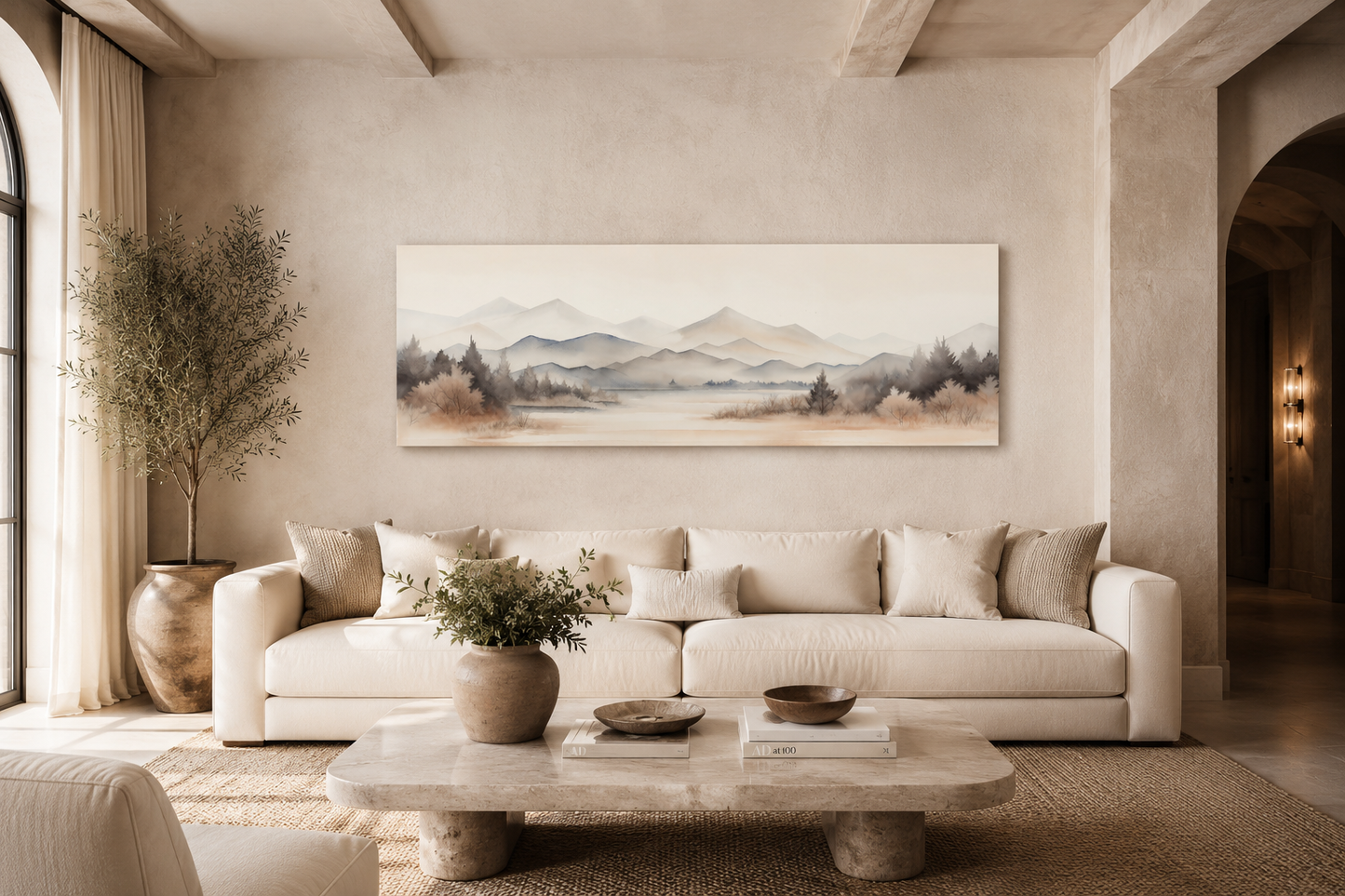 Neutral Beige Mountains Lake Long Narrow Framed Canvas Wall Art