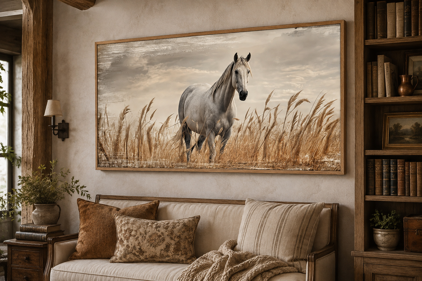 Farm Horse in The Wheat Field Farmhouse Framed Canvas Wall Art