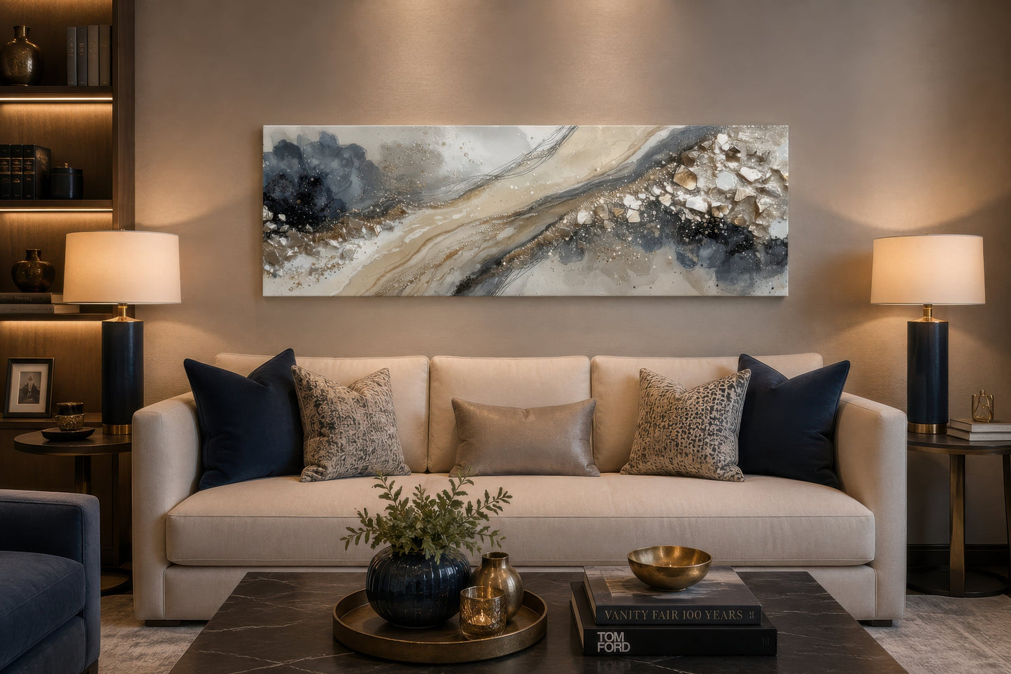 Neutral Grey Beige Gold Long Horizontal Abstract Canvas Wall Art For Above Bed Or Couch