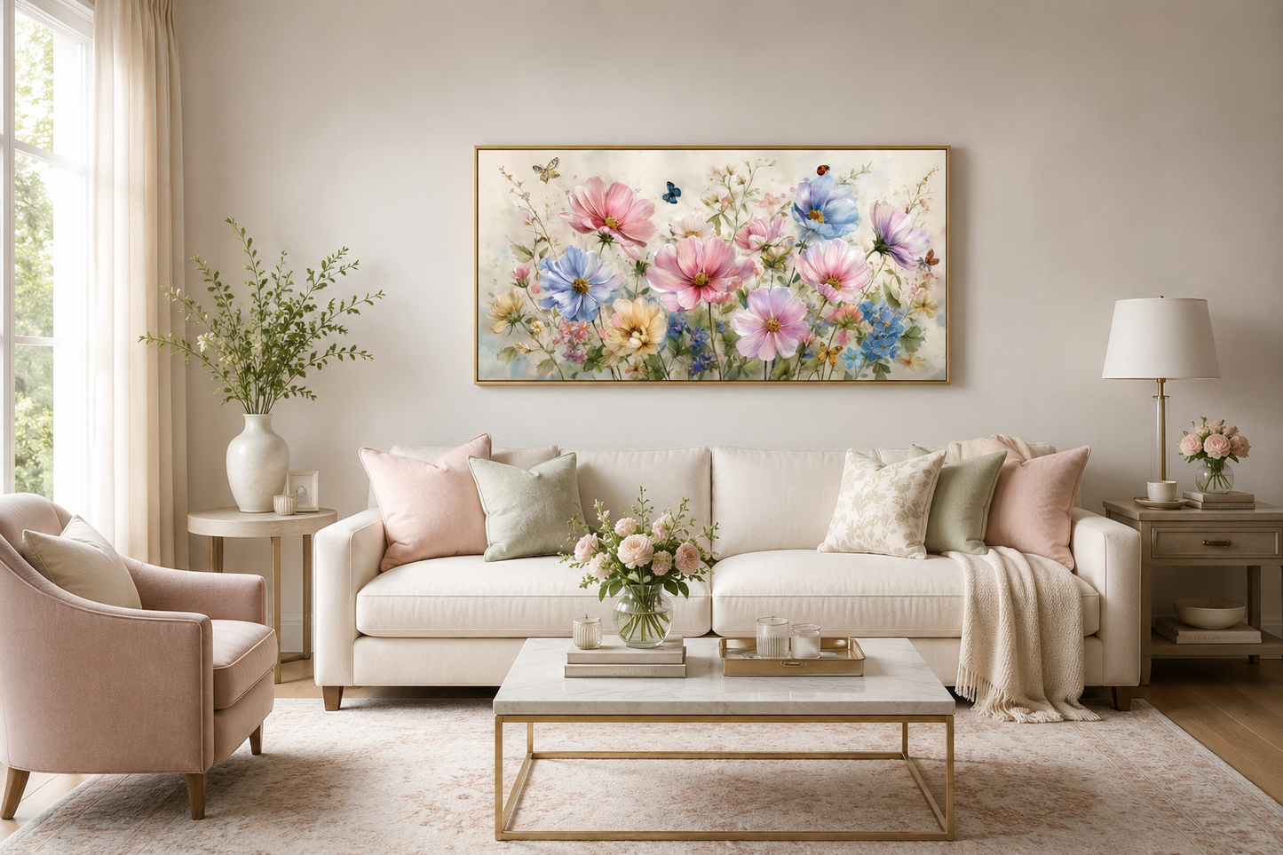 Neutral Pink and Blue Wildflower Bouquet With Butterflies, and Ladybugs Wall Art Above Couch