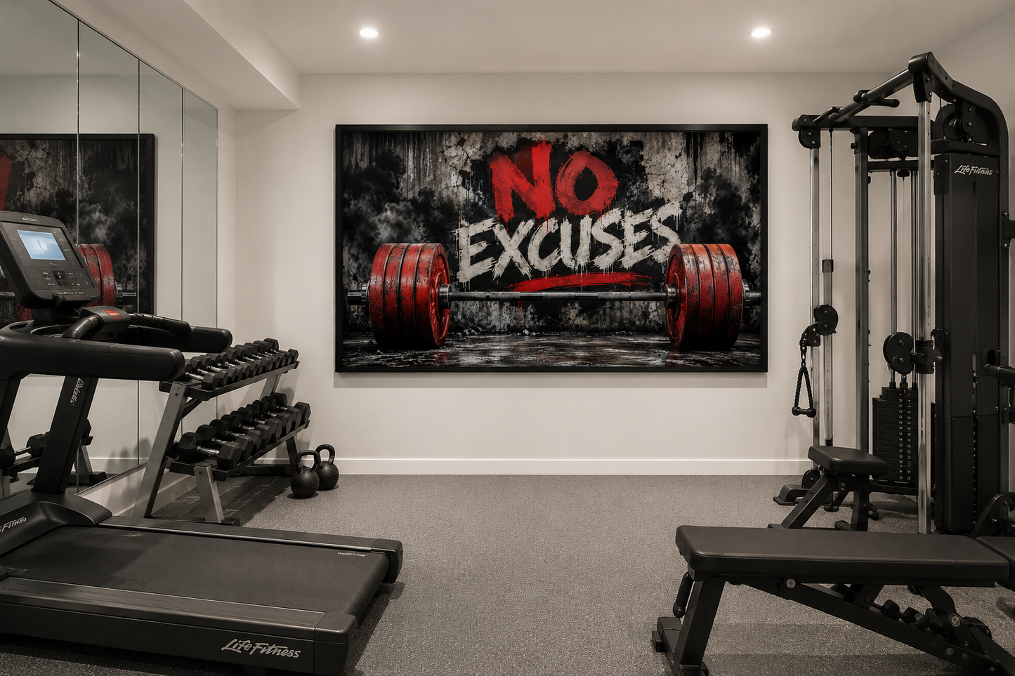 No Excuses Motivational Gym Framed Canvas Wall Art With Red Barbell Painting