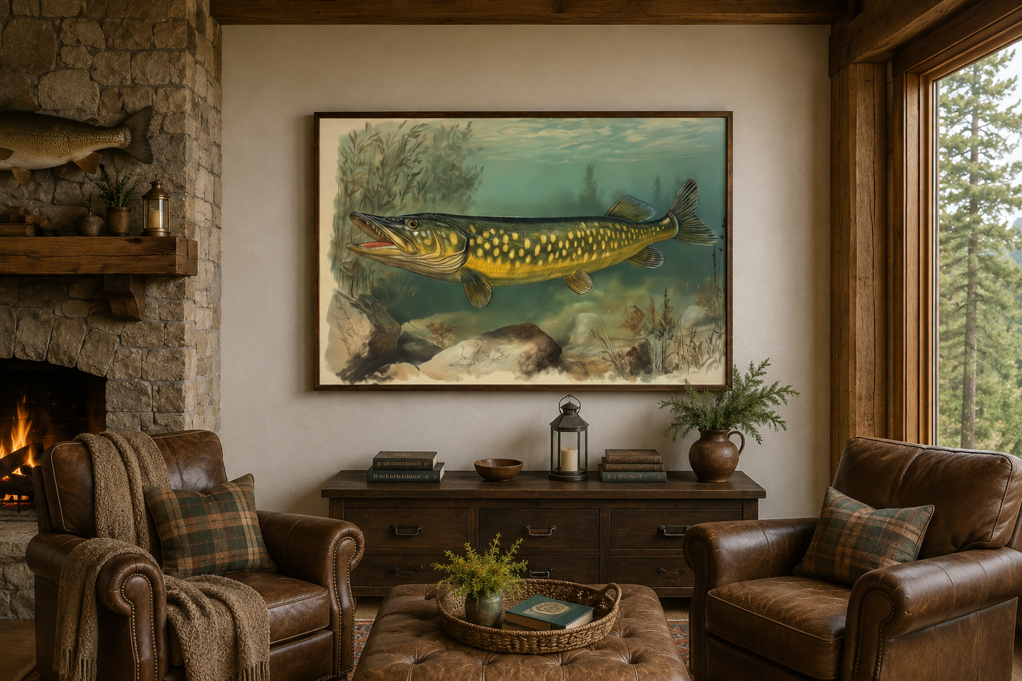 Northern Pike Vintage Fish Painting Framed Canvas Wall Art