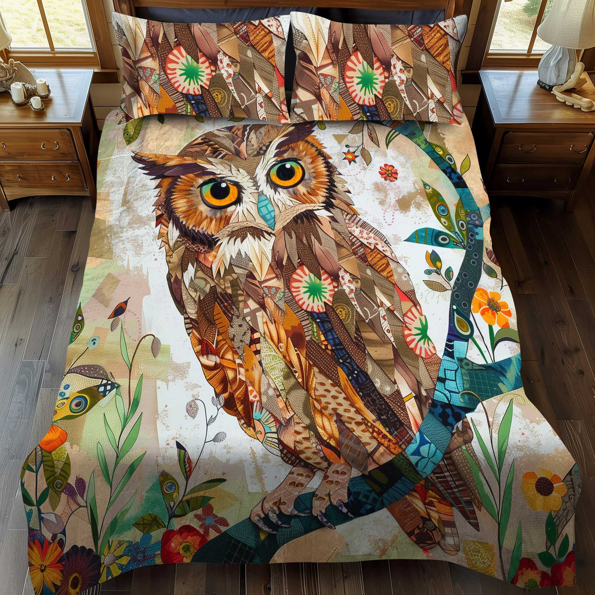 Owl Patchwork Floral 3-Piece Quilted Bedding Set - Single (59" x 70")