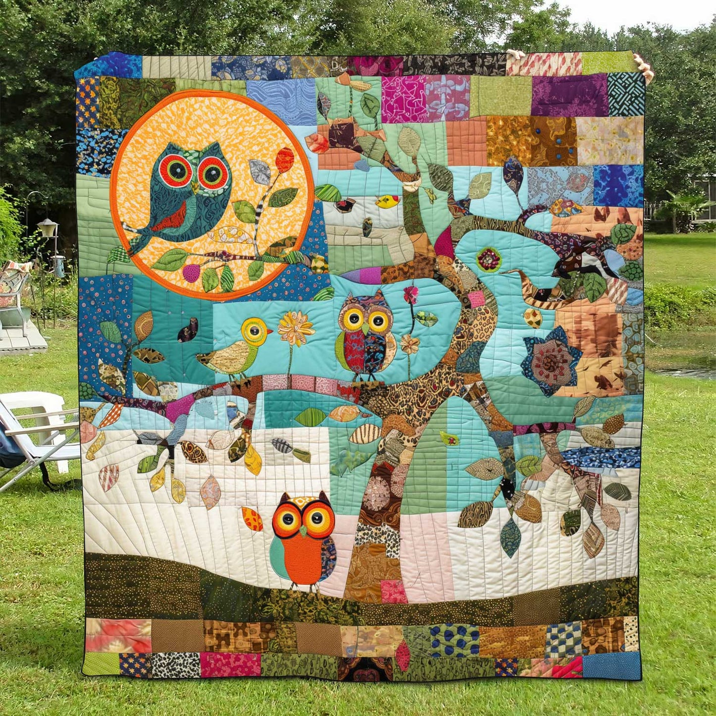 Colorful Owl Patchwork Quilted Blanket - Throw (55" x 60")