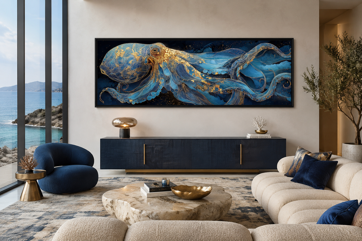 Octopus Horizontal Canvas Wall Art – Nautical Blue Ocean Decor | Coastal Living Room Art