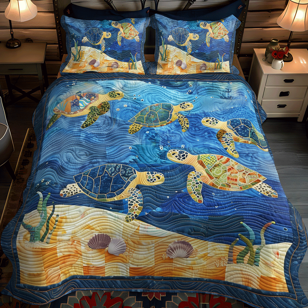 Oceanic Turtle Dance 3-Piece Quilted Bedding Set - Single (59" x 70")