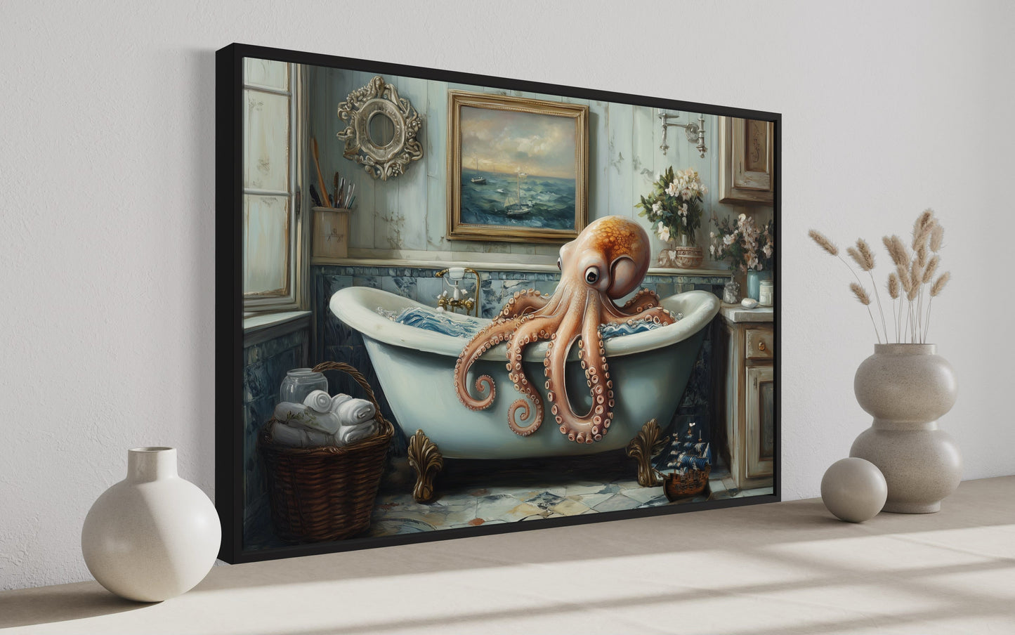 Octopus in a Bathtub Framed Canvas Wall Art