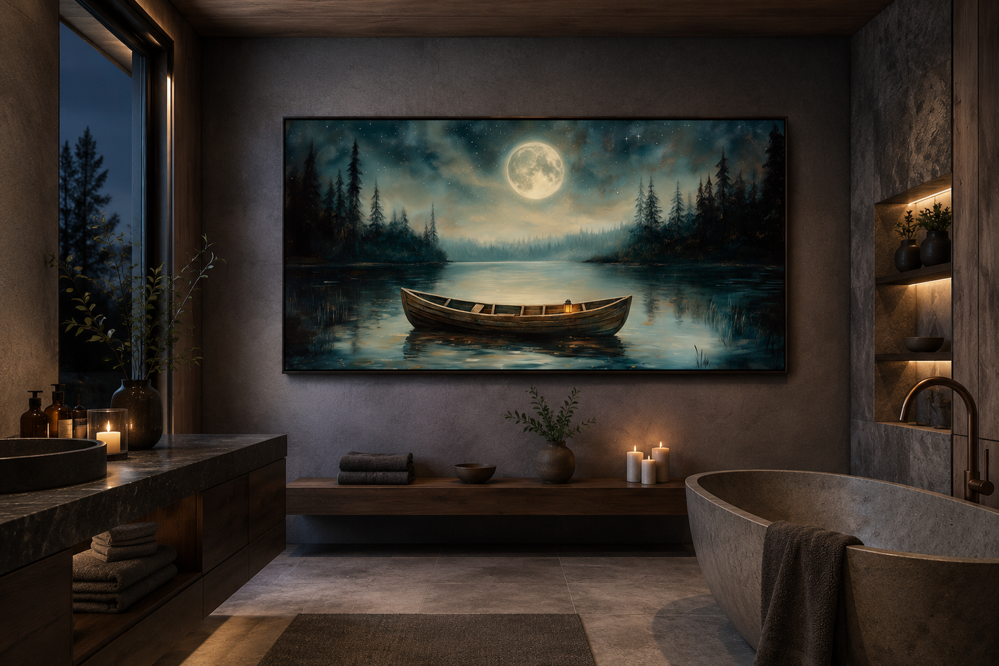 Old Boat In The Lake And Moon At Night Framed Canvas Wall Art