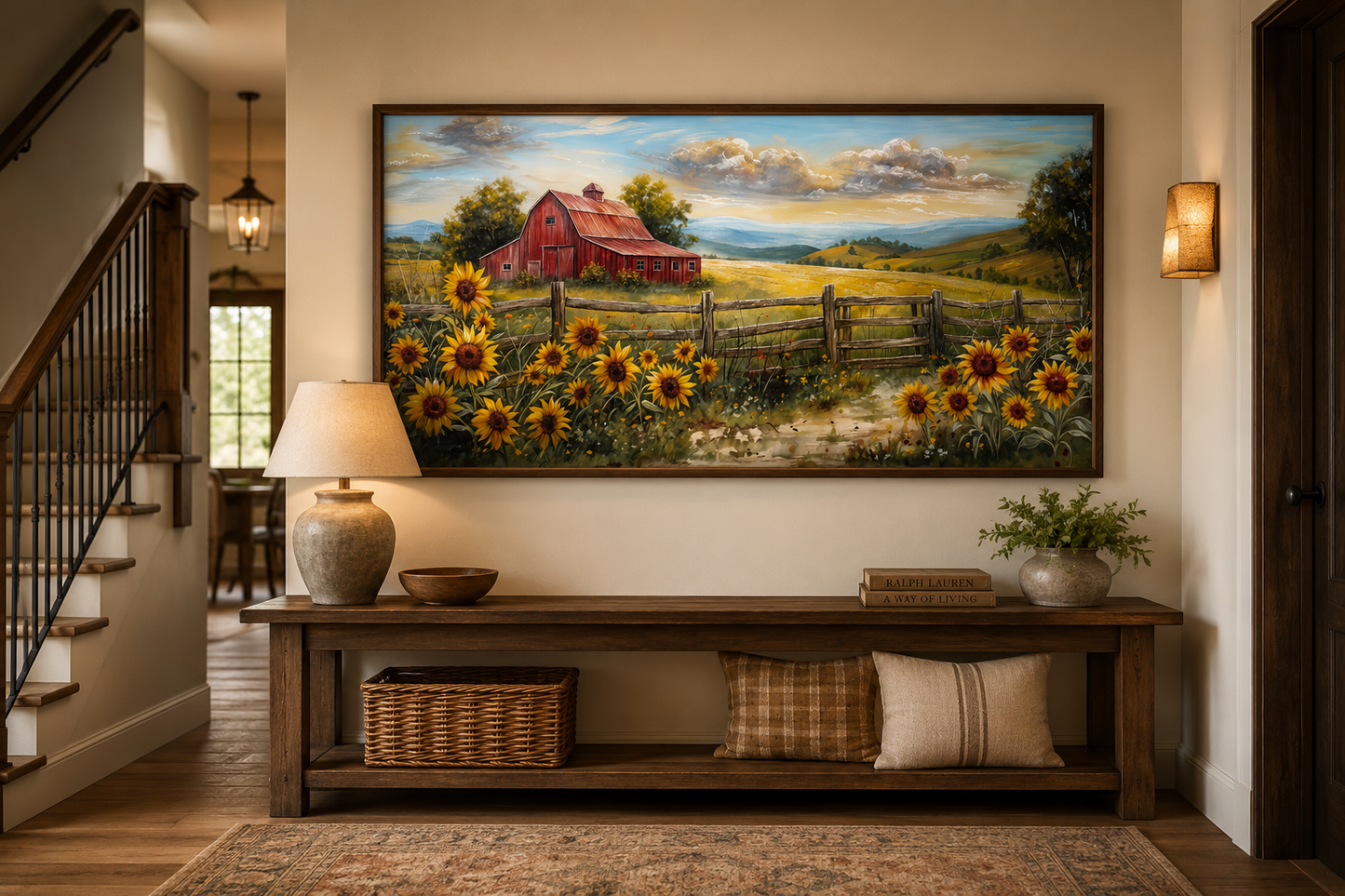 Rustic Barn Wall Art – Farmhouse Wall Decor With Red Barn & Sunflower Canvas Print