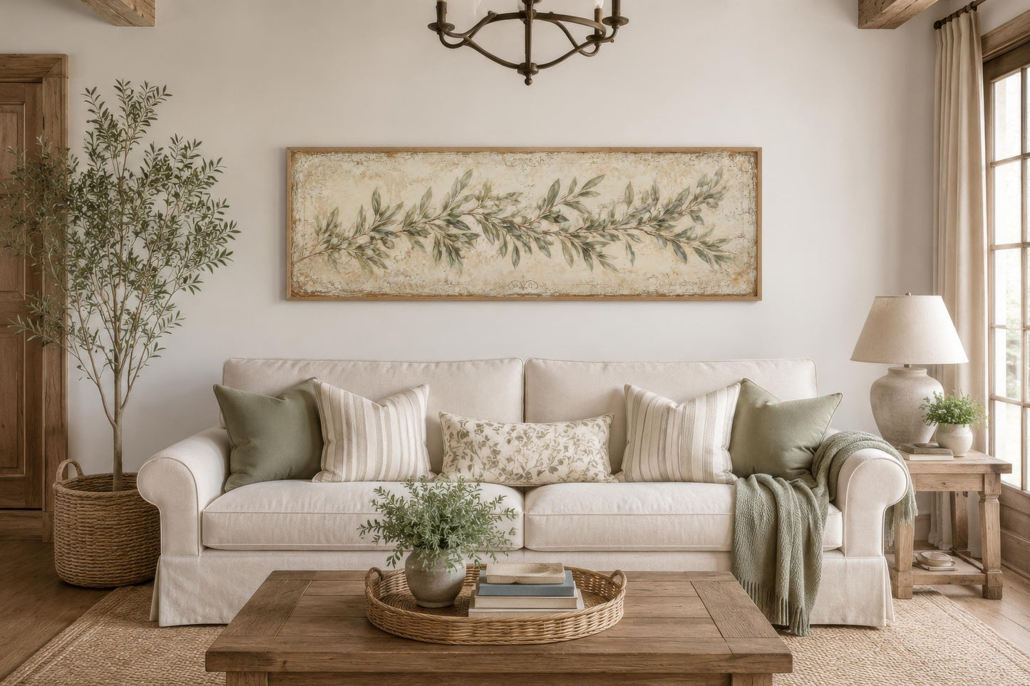 Olive Branch Wall Art – Long Narrow Canvas | Sage Green Farmhouse Decor