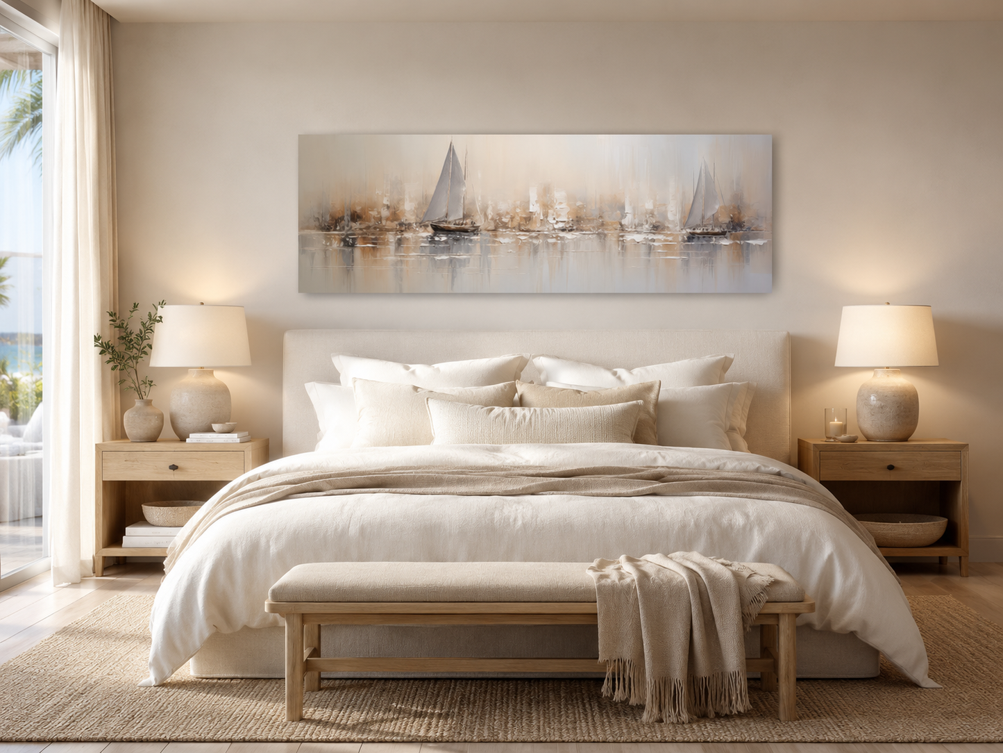 Gold And Silver Abstract Sail Boats in Ocean Long Horizontal Above Bed Coastal Wall Art