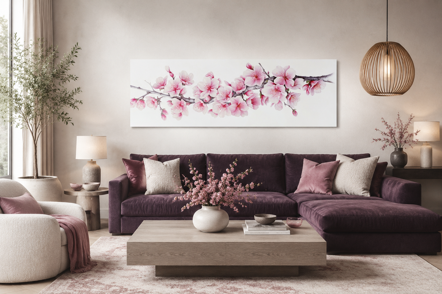 Cherry Blossom Watercolor Painting Long Horizontal Wall Art Above Bed