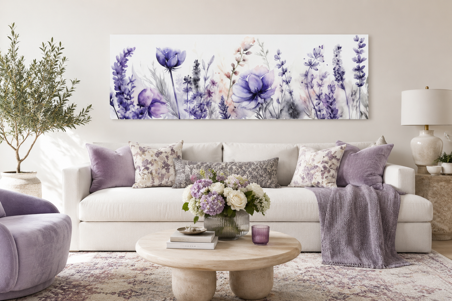 Purple Lavender Wildflowers Panoramic Above Bed Framed Canvas Wall Art