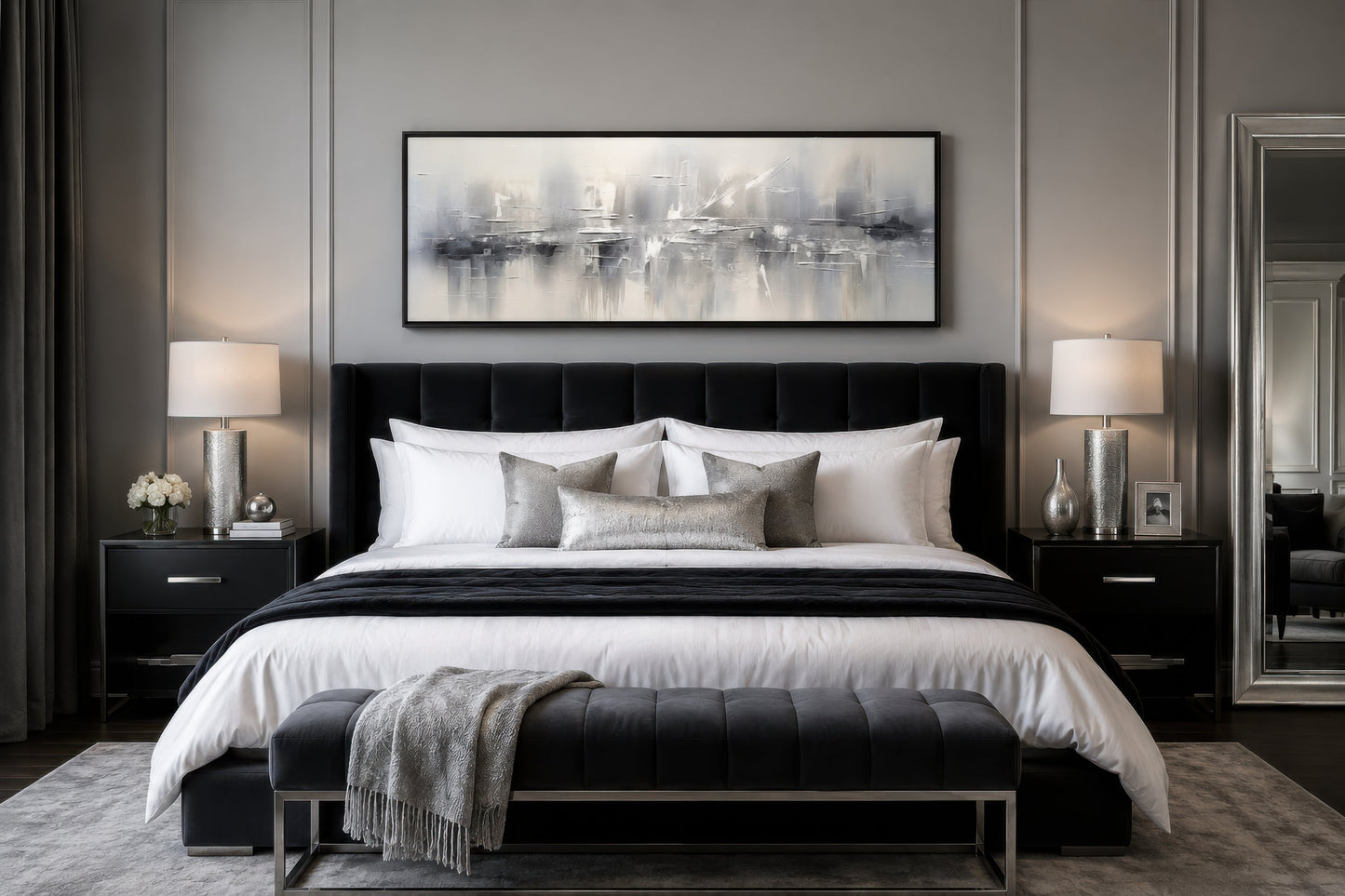 Minimalist Abstract Silver Gray Long Horizontal Living Room Framed Canvas Wall Art