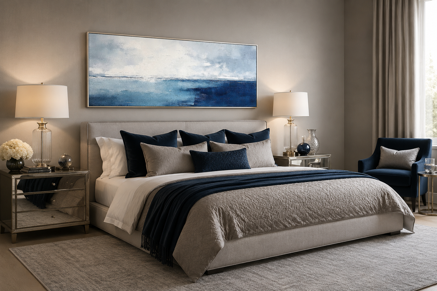 Minimalist Ocean Navy Blue Grey Panoramic Framed Canvas Wall Art