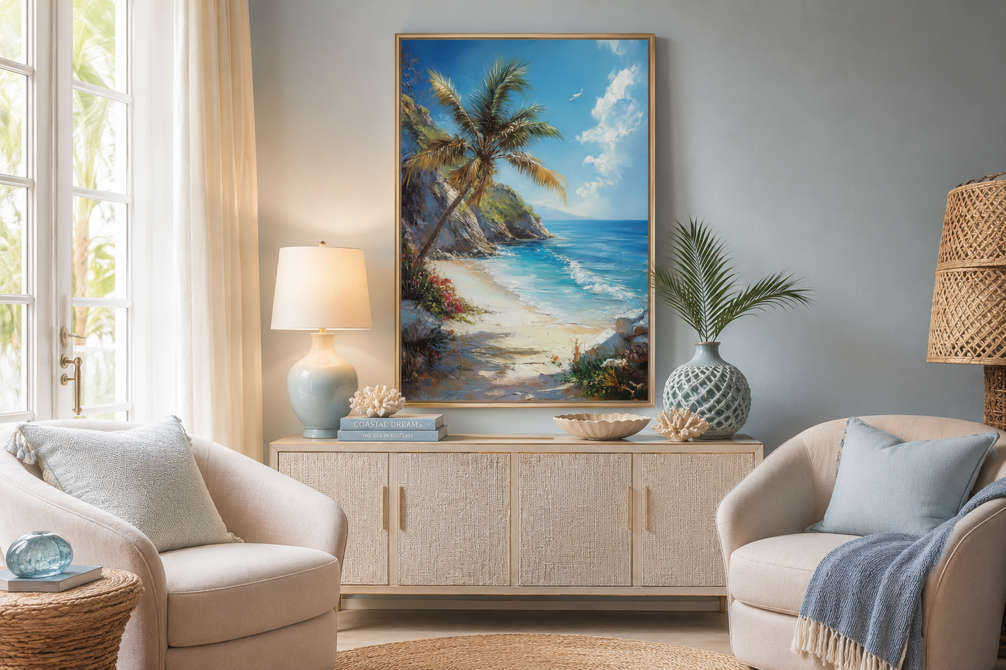 Palm Tree With Ocean View And Tropical Beach Framed Canvas Wall Art