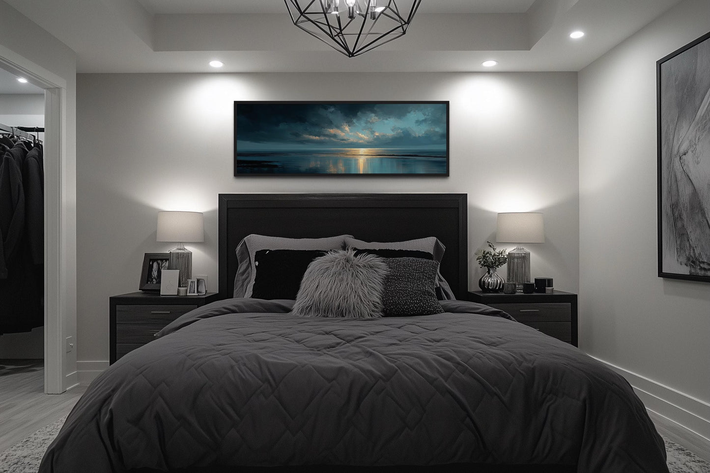Panoramic Ocean Blue Grey And Gold Sunset Wall Art