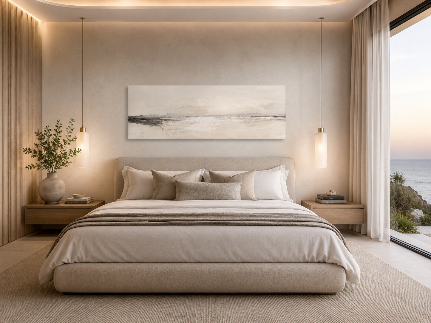 Panoramic Coastal Landscape Neutral Bedroom Framed Canvas Wall Art