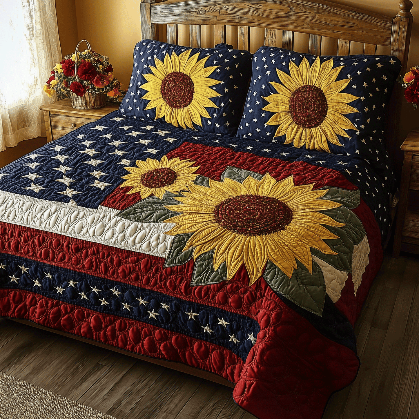 Patriotic Blossoms 3-Piece Quilted Bedding Set - Single (59" x 70")
