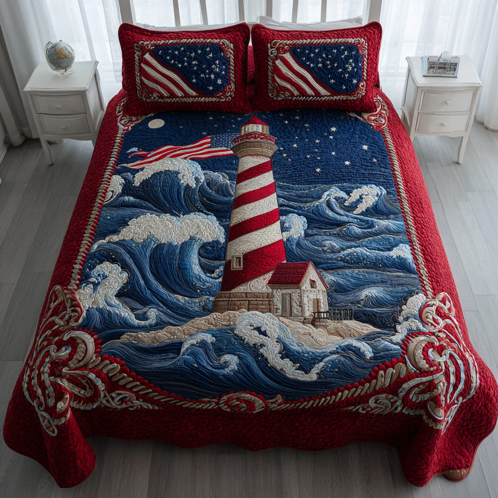 Patriotic Lighthouse Watch 3-Piece Quilted Bedding Set - Single (59" x 70")