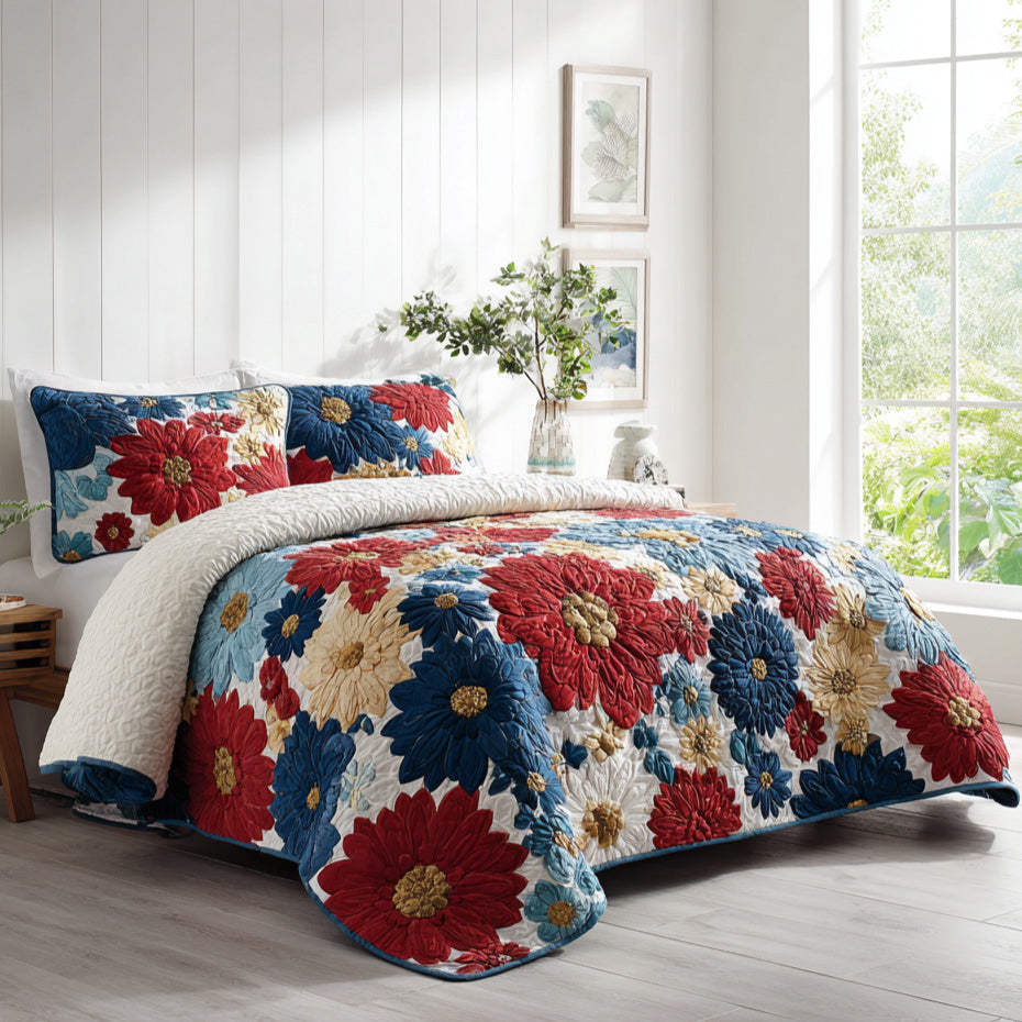 Patriotic Petal Bloom 3-Piece Quilted Bedding Set - Single (59" x 70")