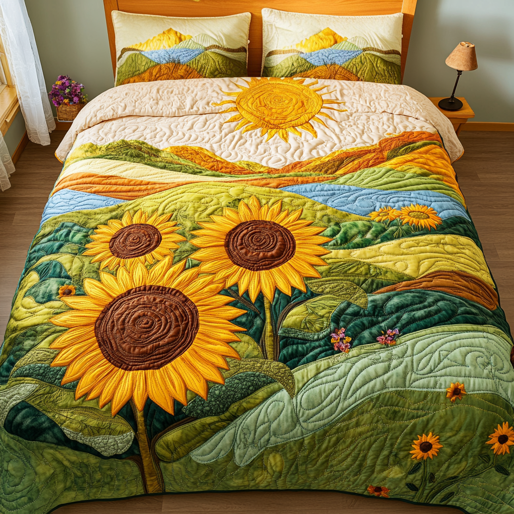 Peaceful Sunflowers 3-Piece Quilted Bedding Set - Single (59" x 70")