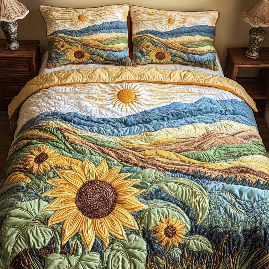 Peaceful Sunflowers 3-Piece Quilted Bedding Set - Single (59" x 70")
