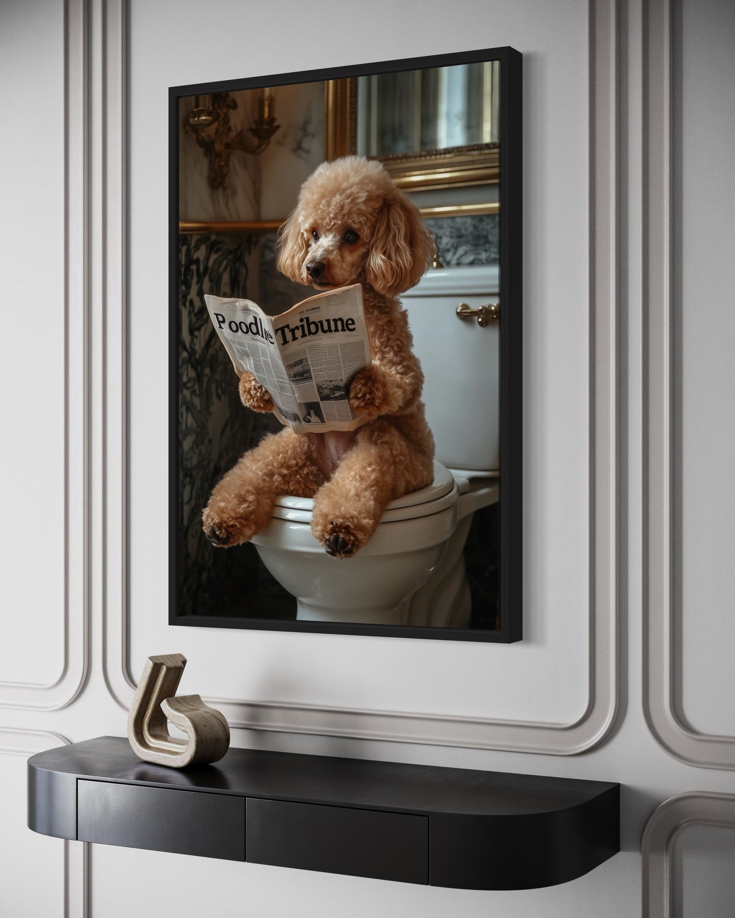 Peach Poodle On Toilet Reading Newspaper Picture Canvas Wall Art