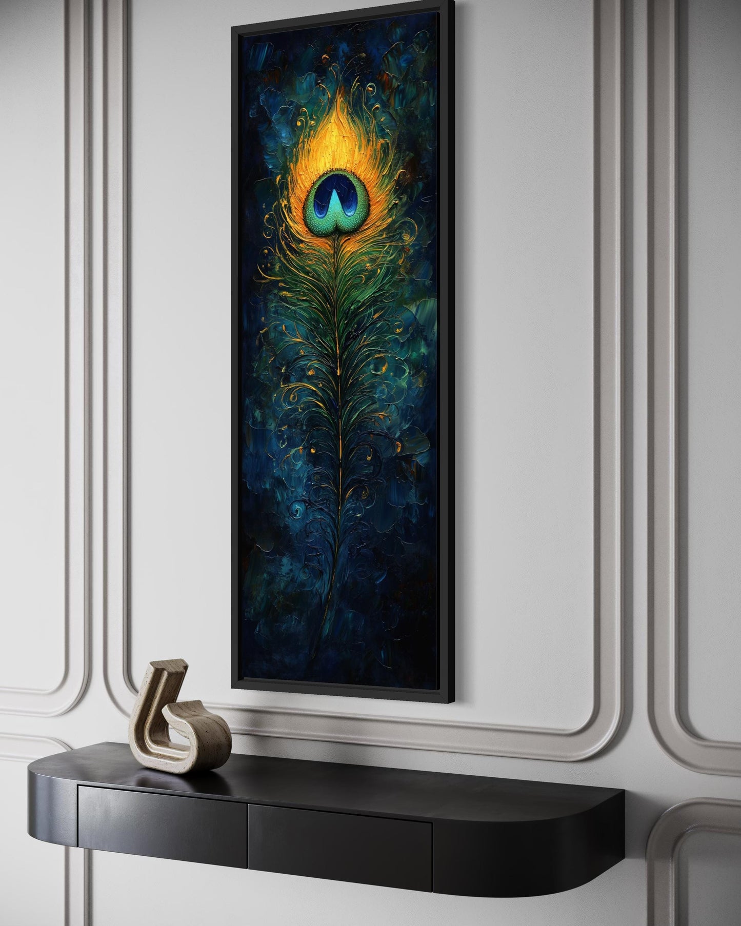 Peacock Feather Wall Art | Vertical Canvas Print - Blue Gold Abstract Feather Design