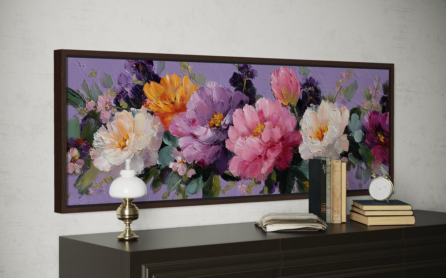 Peony Floral Long Horizontal Purple Pink Bedroom Canvas Wall Art