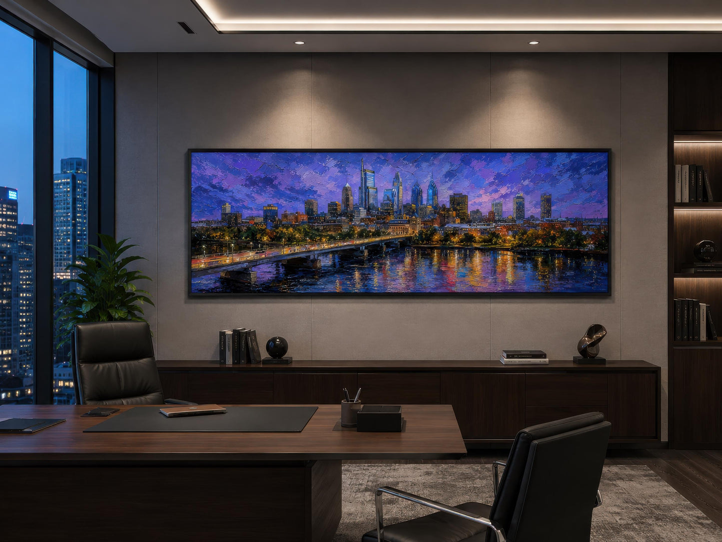 Philadelphia Skyline Wall Art - Long Horizontal Canvas Cityscape Print with Floating Frame