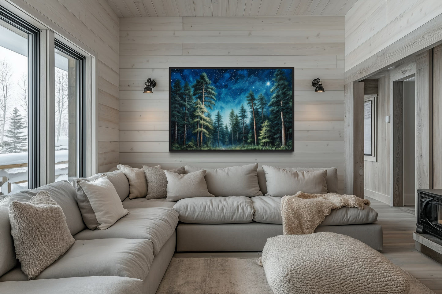 Pine Tree Forest At Night Starry Sky Framed Canvas Wall Art