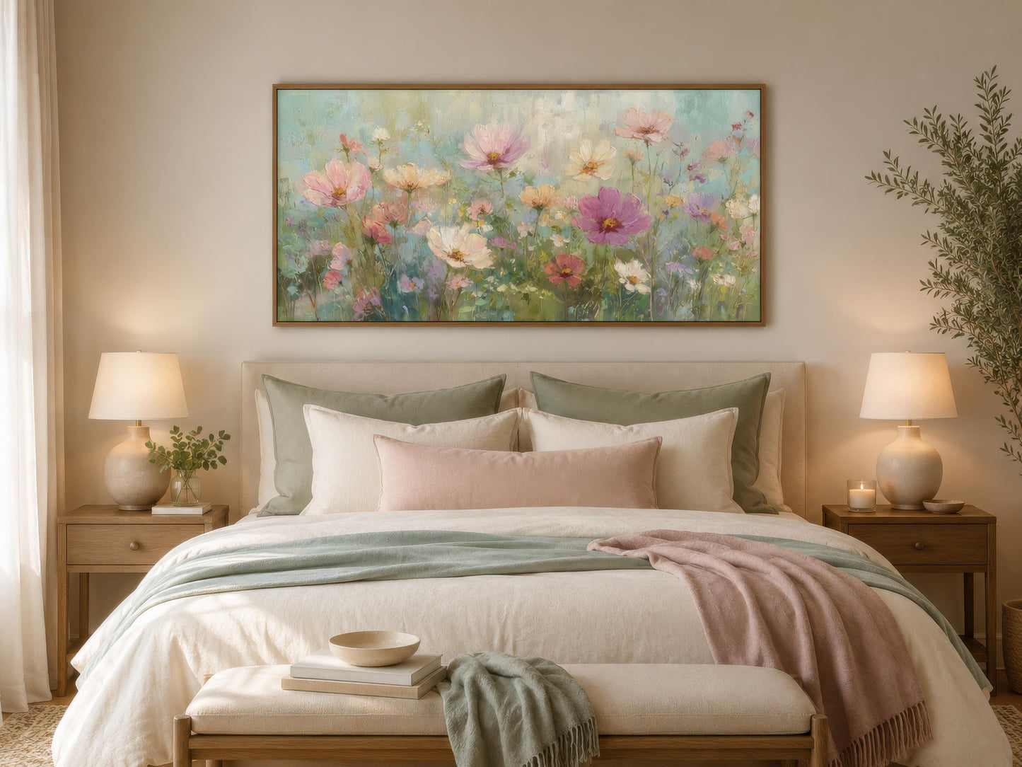 Pink Green Pastel Floral Canvas Wall Art For Living Room