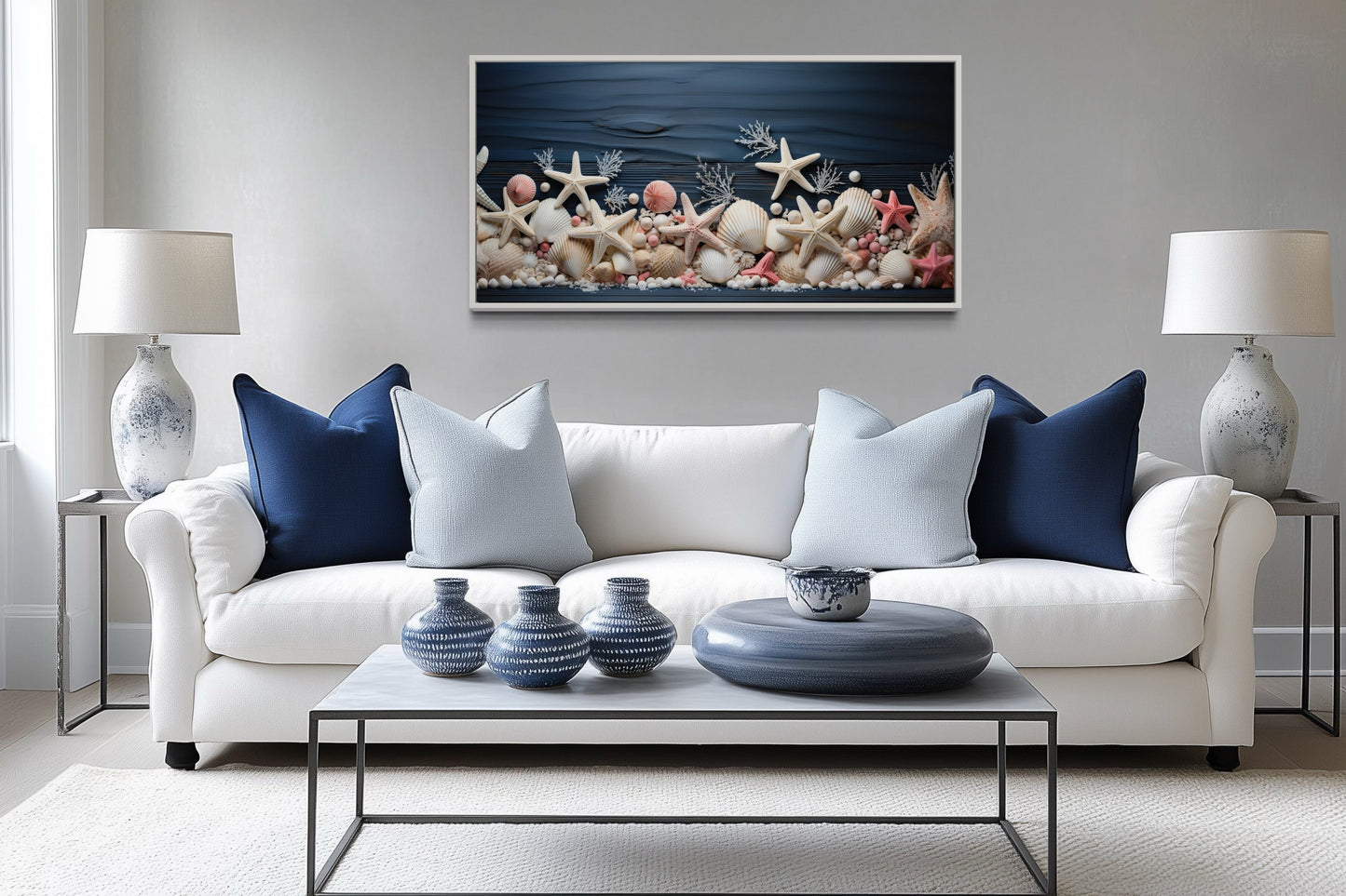 Pink Starfish And Seashells Painting On Navy Blue Wood Texture Coastal Bathroom Wall Art