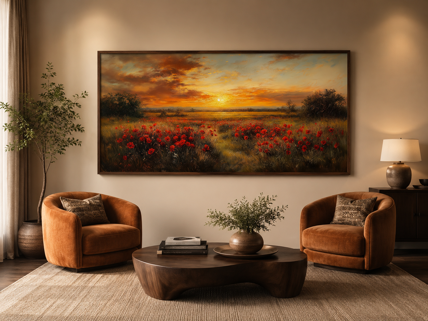 Red Poppies Field At Sunset Wall Art – Panoramic Floral Landscape Canvas