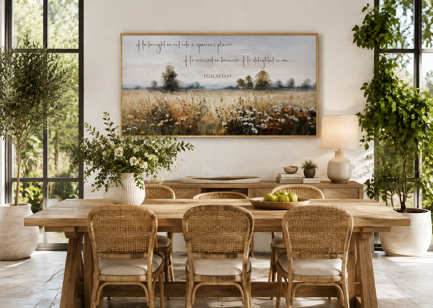 Psalm 18:19 Wall Art, He Brought Me Out Into a Spacious Place Scripture On Wildflowers Field Framed Canvas Wall Art