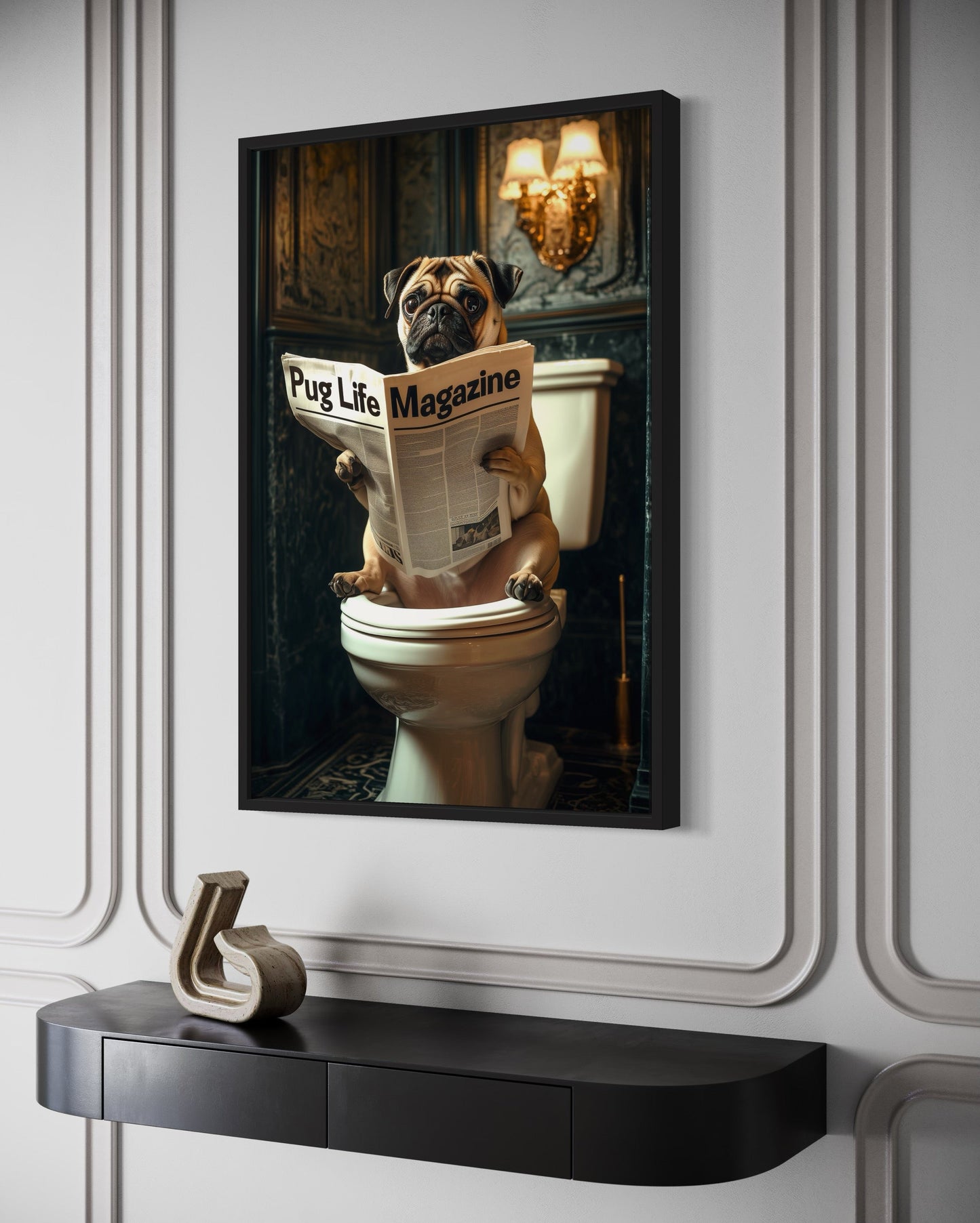 Pug On The Toilet Reading Newspaper Picture Canvas Wall Art
