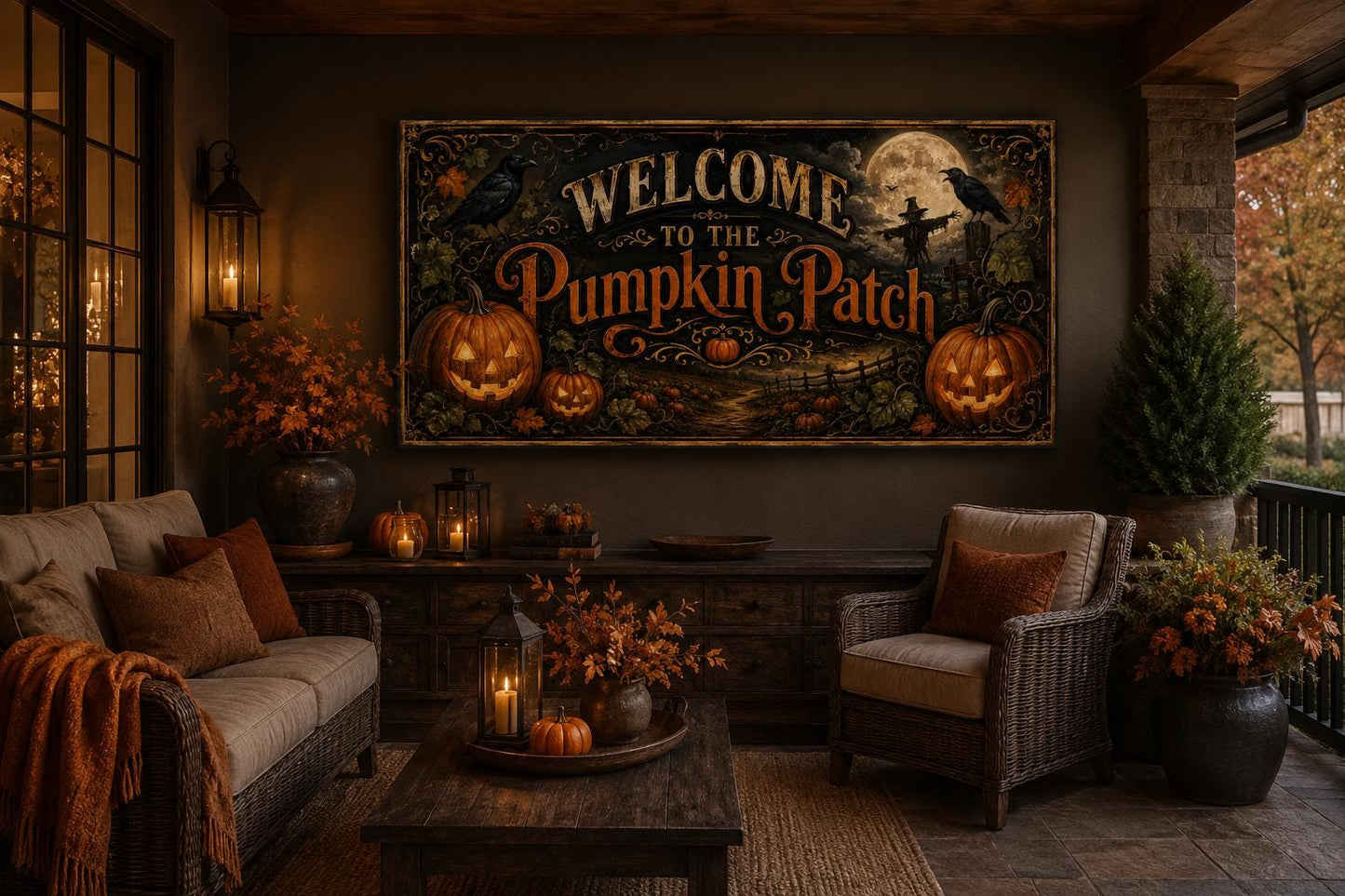 Pumpkin Patch Halloween Sign, Vintage Jack-O-Lantern Entryway Art Canvas Wall Art