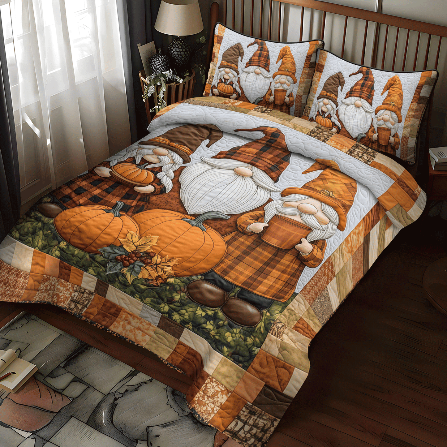 Pumpkin Gnomes 3-Piece Quilted Bedding Set - Single (59" x 70")