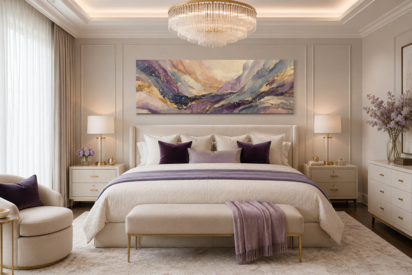 Purple Gold Marble Long Horizontal Abstract Framed Canvas Wall Art