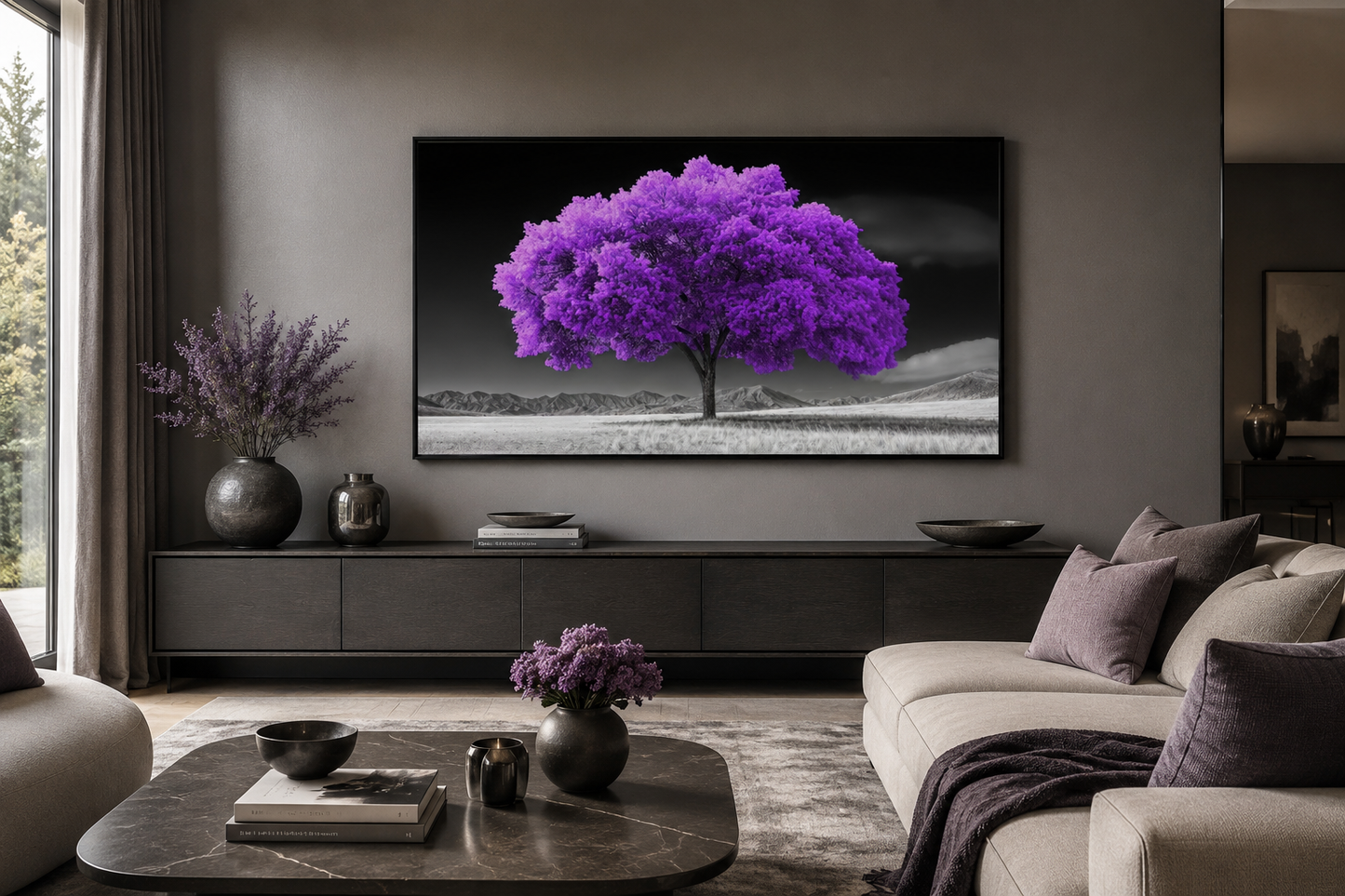 Purple Tree on Black White Background Framed Canvas Wall Art