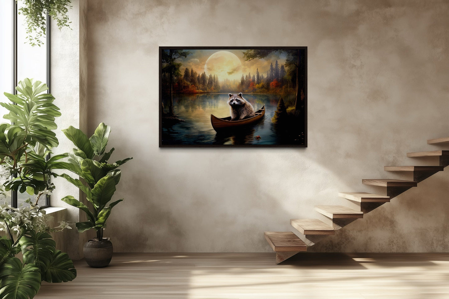 Raccoon In Canoe Moody Framed Canvas Wall Art For Cabin Decor