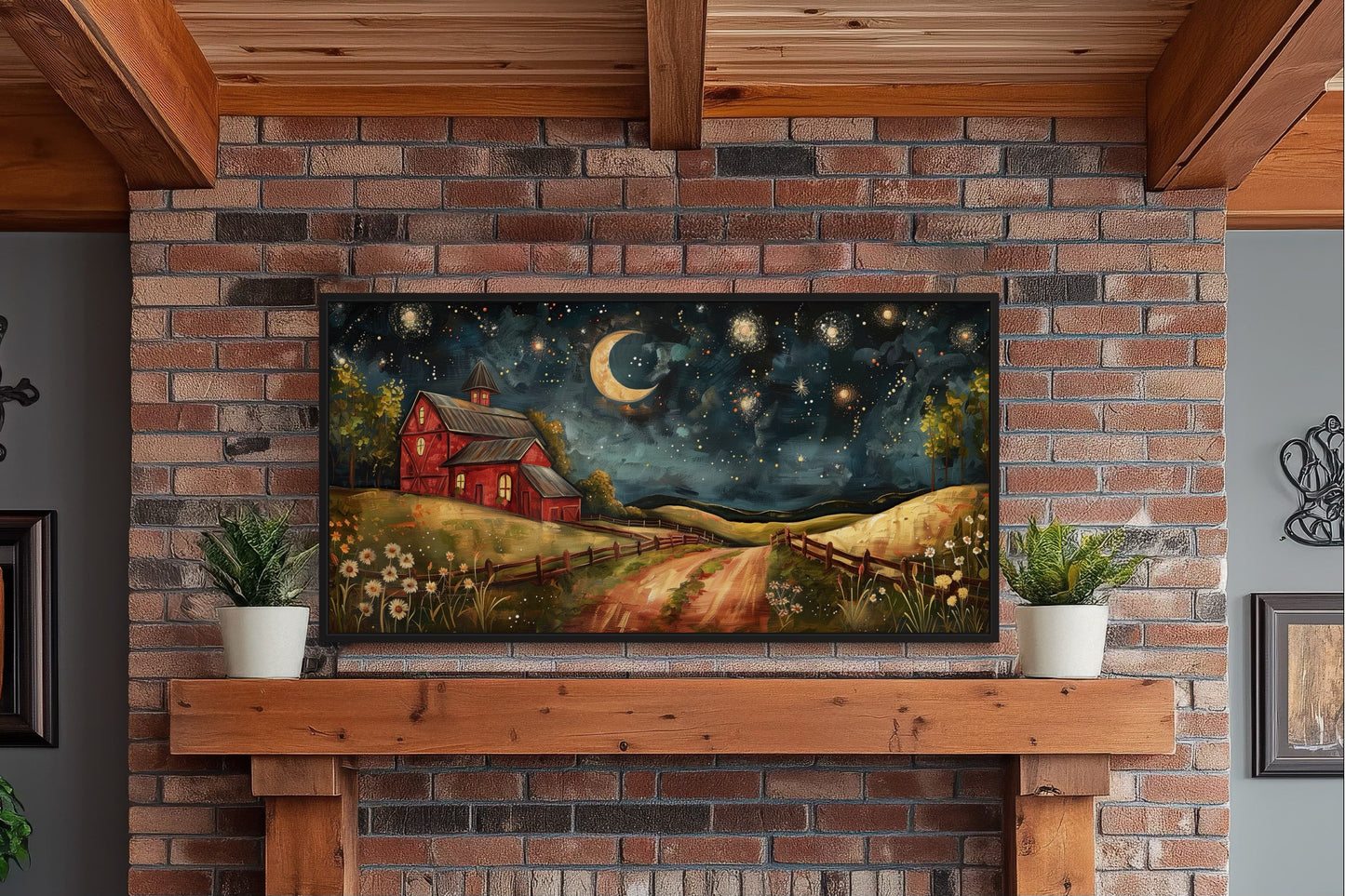 Red Barn On The Farm At Night Under Stars And Moon Crescent Wall Art