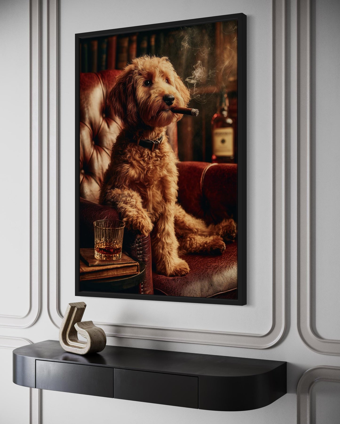 Red Brown Goldendoodle Dog Drinking Whiskey and Smoking Cigar Canvas Wall Art