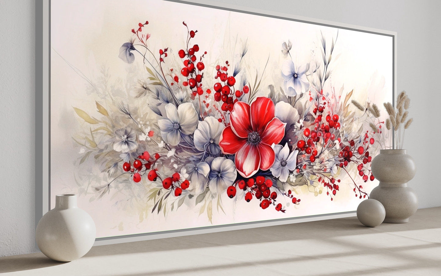 Red Wildflowers Wall Art – Framed Canvas Print | Rustic Floral Artwork for Living Room