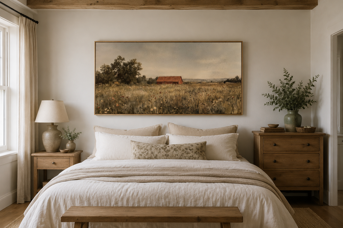 Red Barn in Wildflower Field Neutral Country Farmhouse Wall Art